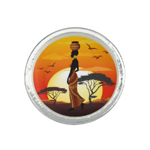 African Beautiful Woman Silhouette on African Suns Ring