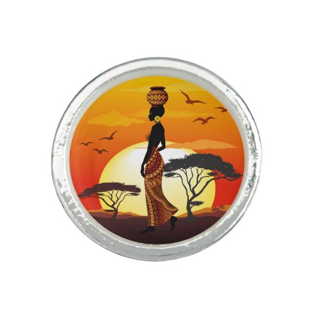 African Beautiful Woman Silhouette on African Suns Ring (Front)