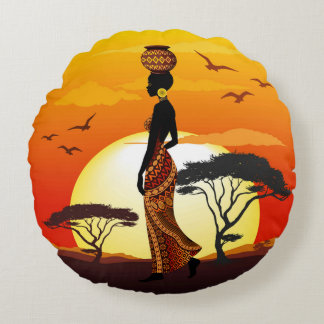 African Beautiful Woman Silhouette on African Suns Round Pillow