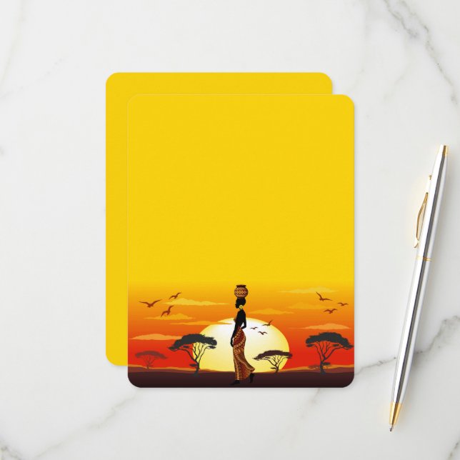 African Beautiful Woman Silhouette on African Suns RSVP Card (Front/Back In Situ)