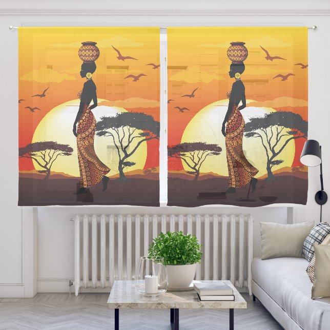 African Beautiful Woman Silhouette on African Suns Sheer Curtains (Living Room)