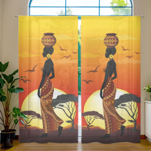 African Beautiful Woman Silhouette on African Suns Sheer Curtains