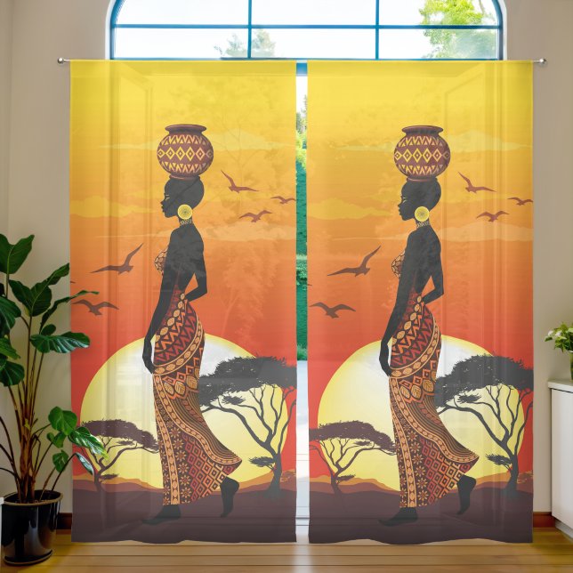 African Beautiful Woman Silhouette on African Suns Sheer Curtains (Living Room)