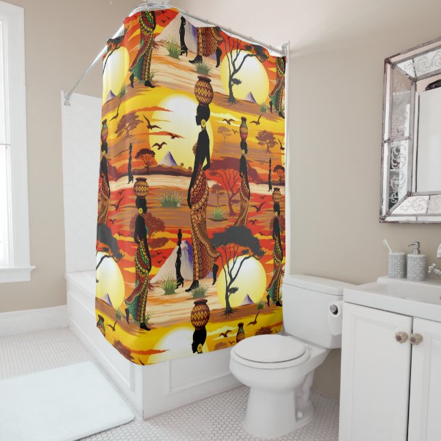 African Beautiful Woman Silhouette on African Suns Shower Curtain (In Situ)