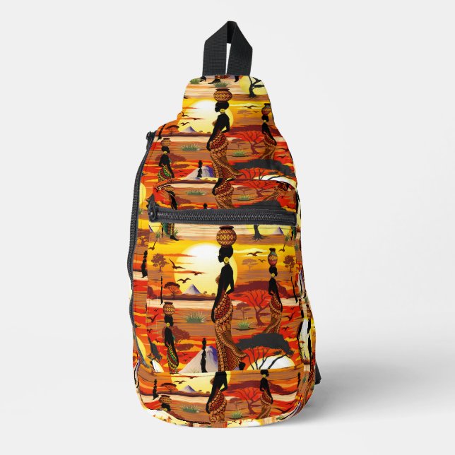 African Beautiful Woman Silhouette on African Suns Sling Bag (Front)