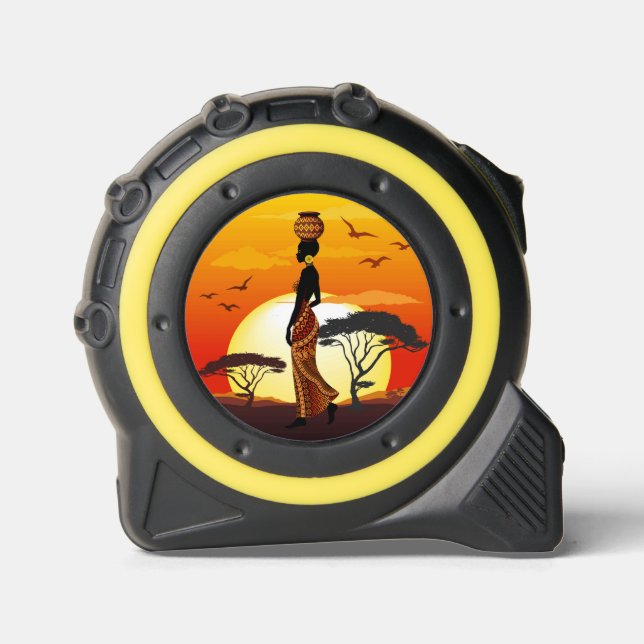 African Beautiful Woman Silhouette on African Suns Tape Measure (Front)