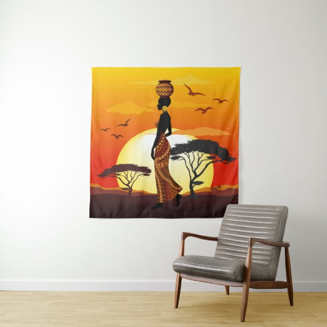 African Beautiful Woman Silhouette on African Suns Tapestry (In Situ)