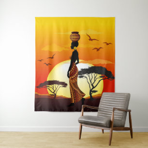 African Beautiful Woman Silhouette on African Suns Tapestry