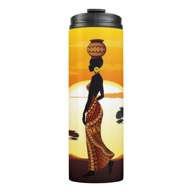 African Beautiful Woman Silhouette on African Suns Thermal Tumbler (Front)
