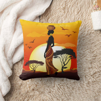 African Beautiful Woman Silhouette on African Suns Throw Pillow