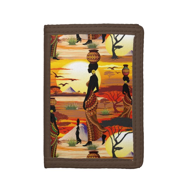 African Beautiful Woman Silhouette on African Suns Trifold Wallet (Front Vertical)
