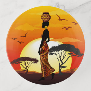African Beautiful Woman Silhouette on African Suns Trinket Tray