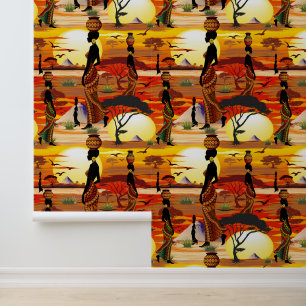 African Beautiful Woman Silhouette on African Suns Wallpaper
