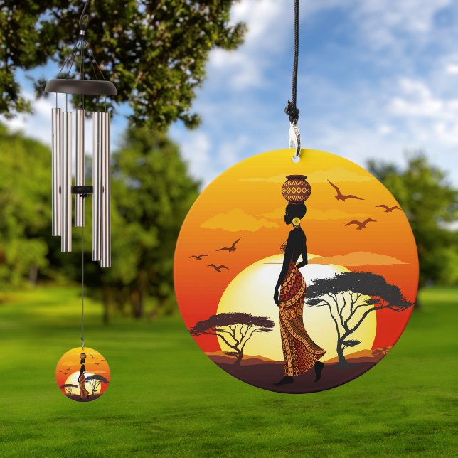 African Beautiful Woman Silhouette on African Suns Wind Chime (Outdoor)