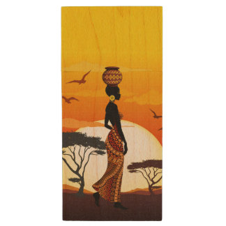 African Beautiful Woman Silhouette on African Suns Wood Flash Drive