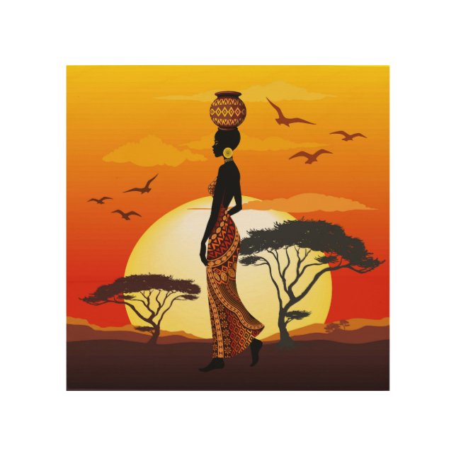 African Beautiful Woman Silhouette on African Suns Wood Wall Art (Front)