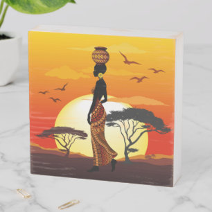 African Beautiful Woman Silhouette on African Suns Wooden Box Sign