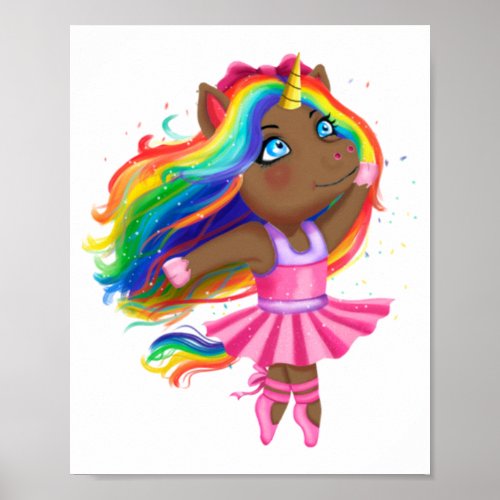 African Black Unicorn Girl Ballerina Dancing Gift Poster