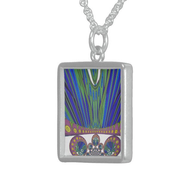 African Blue Purple Decorative Art Design Print Sterling Silver Necklace (Front Right)