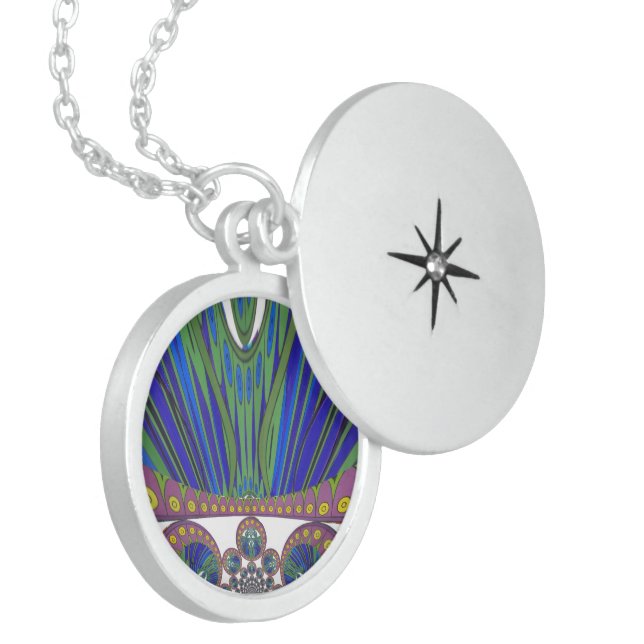 African Blue Purple Decorative Art Design Print Sterling Silver Necklace (Front Left)