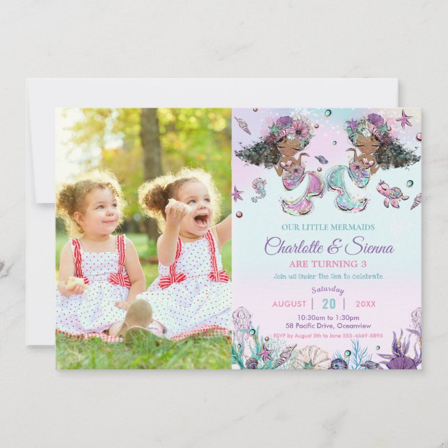 African Brown Mermaids Twin Sisters Birthday Photo Invitation (Front)