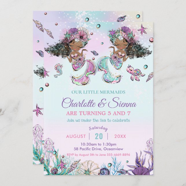 African Brown Mermaids Twins Sisters Birthday  Invitation (Front/Back)