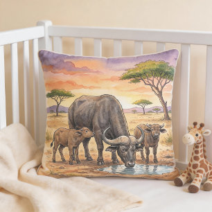 African Buffalo Mama And Calves Safari Animals Throw Pillow