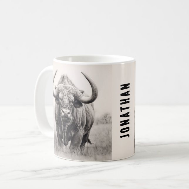 African Buffalo Pencil Drawing Coffee Mug (Front Left)