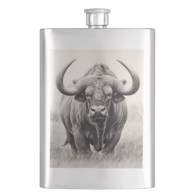 African Buffalo Pencil Drawing Flask (Front)