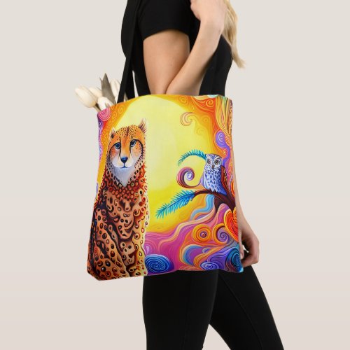 African Cheetah and Owl with Sun in Colored Swirls Tote Bag