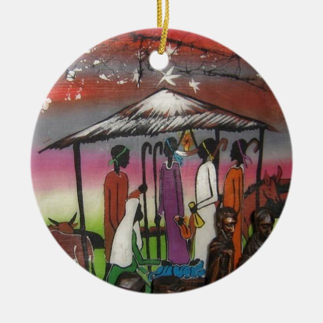 African Christmas Nativity Scene Ceramic Ornament (Front)