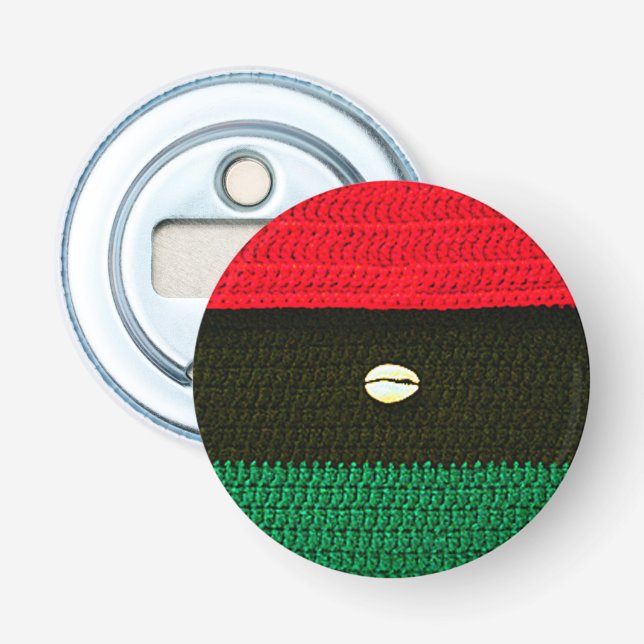African Cowrie Shell Red Black Green Crochet Print Bottle Opener (Front)