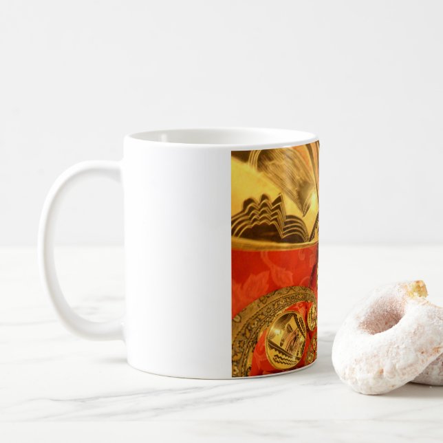 African Cultural Art: Rich Golden Red Design Coffee Mug (With Donut)