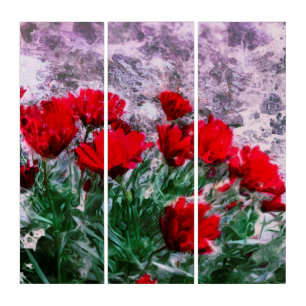 African Daisies Red With Wall Watercolor Triptych