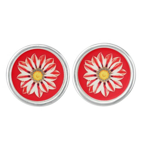 African Daisy  Gazania _ Red and White Striped Cufflinks