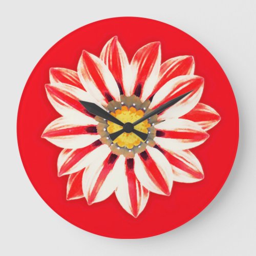 African Daisy  Gazania _ Red and White Striped Large Clock