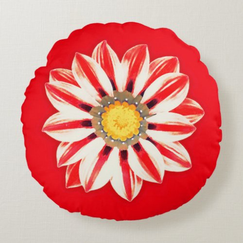 African Daisy  Gazania _ Red and White Striped Round Pillow