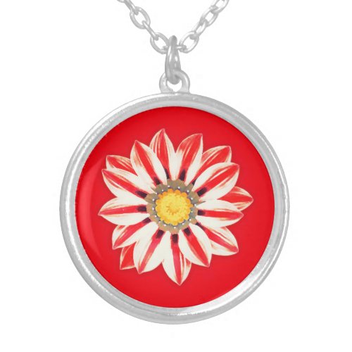 African Daisy  Gazania _ Red and White Striped Silver Plated Necklace