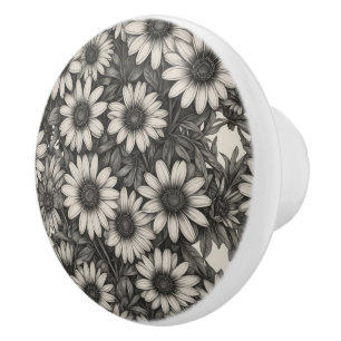 African Daisy grayscale drawing Ceramic Knob