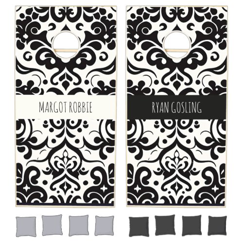 African Damask Black White Pattern Cornhole Set