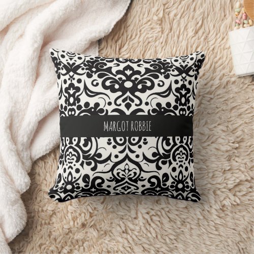 African Damask Black White Pattern Throw Pillow