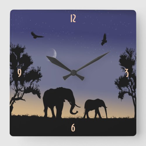 African dawn _ elephants square wall clock