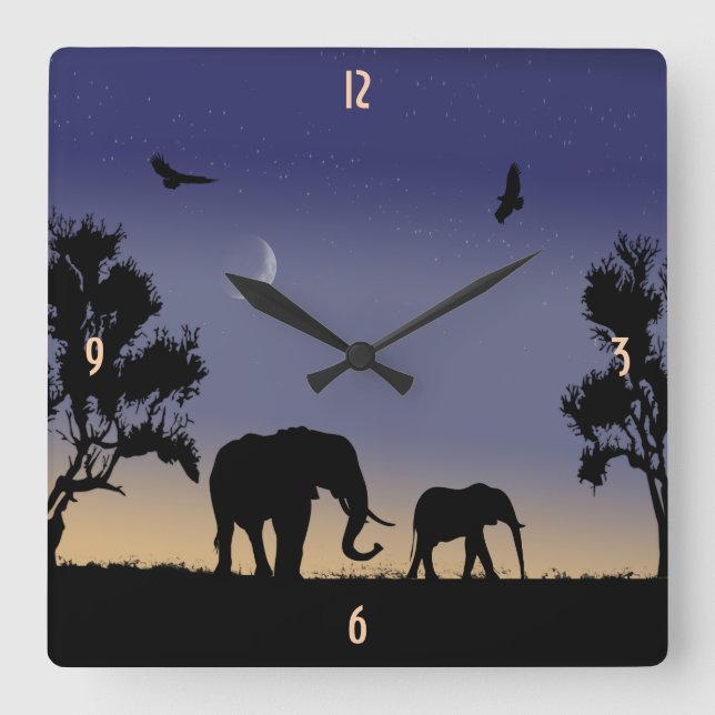 African dawn - elephants square wall clock (Front)