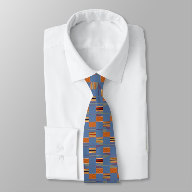 African Denim Blue and Earthtone Kente K40 Neck Tie (Tied)