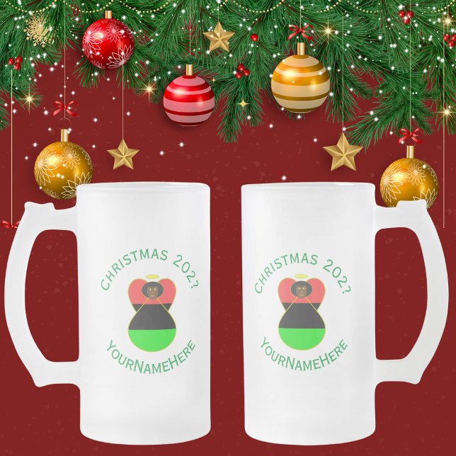African Diaspora Angel Christmas Flag Personalized Frosted Glass Beer Mug (Creator Uploaded)
