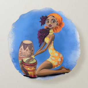 African Drummer Girl Round Pillow