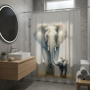 African Elephant and Baby Watercolor Shower Curtain