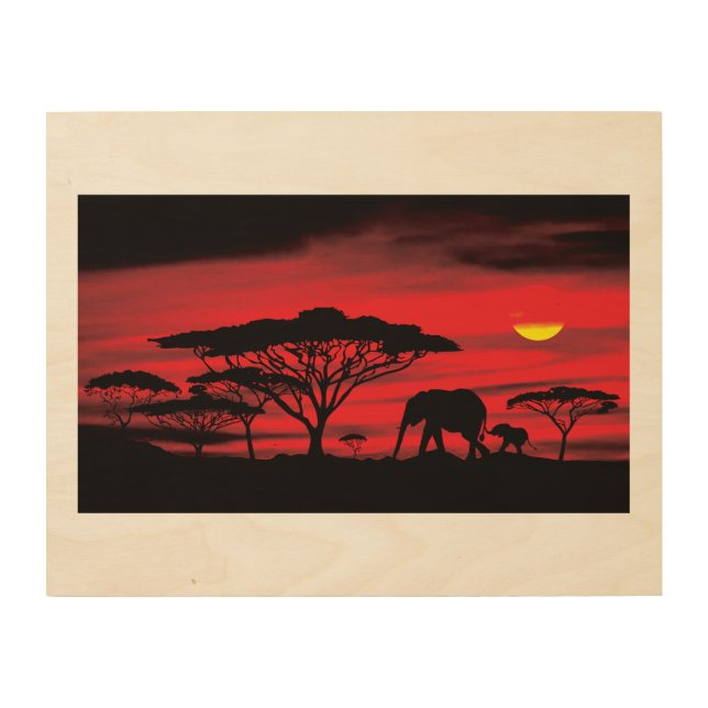 African Elephant and Serengeti Sunset Wood Wall Art (Front)