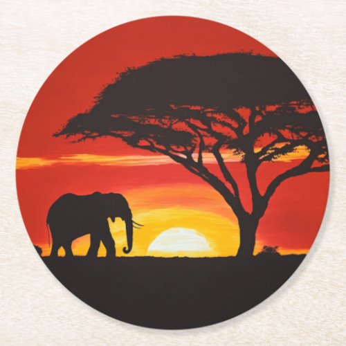 African Elephant at Sunset Round Paper Coaster