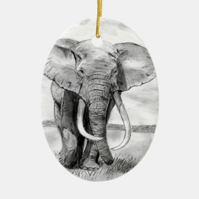 african elephant drawing in pencil design ceramic ornament (Front)
